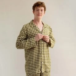 Men's Botanical Green Gingham Linen Pajama Shirt (Top Only)