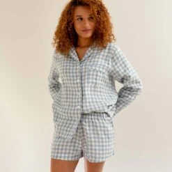Warm Blue Gingham Linen Pajama Shirt (Top Only) -Lake Shop EG PIGLET ECOMM LOWRES 0978