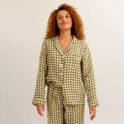 Botanical Green Gingham Linen Pajama Shirt (Top Only)