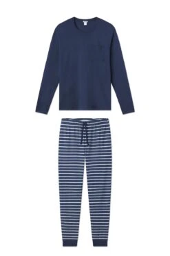 Lake Men's Pima Pocket Long-Long Set In Navy Breton Stripe