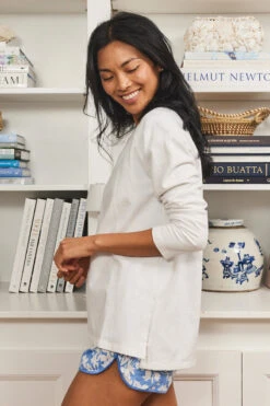 Lake Sweatshirt Tunic In White -Lake Shop LAKE Spring2023 CHS SweatShirtTunic White ClassicShortsSet SkyFloral Final 0511