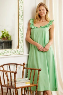 Lake Amelia Nightgown In Grass -Lake Shop LAKE Spring23 Studio RuffleStrapNightgown Grass 0617