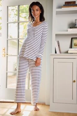 Lake Pima Maternity Wide Leg Pajama Set In White Breton Stripe -Lake Shop LAKE Webcrop Fall23 Lifestyle MaternityPimaWideLegPajamaSet WhiteBretonStripe 5970