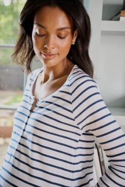 Lake Pima Maternity Wide Leg Pajama Set In White Breton Stripe -Lake Shop LAKE Webcrop Fall23 Lifestyle MaternityPimaWideLegPajamaSet WhiteBretonStripe 6043