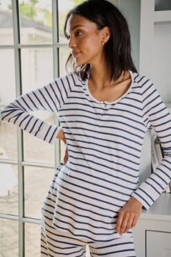 Lake Pima Maternity Wide Leg Pajama Set In White Breton Stripe -Lake Shop LAKE Webcrop Fall23 Lifestyle MaternityPimaWideLegPajamaSet WhiteBretonStripe 6060