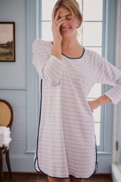 Lake Pima Long Sleeve Nightgown In Marine -Lake Shop LAKE Webcrop Fall23 Lifestyle PimaLongSleeveNG Marine 0129