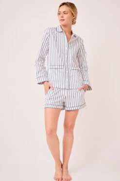 Lake Poplin Piped Shorts Set In Navy Ticking Stripe -Lake Shop LAKE Webcrop Fall23 Studio PoplinPipedShortsSet NavyBretonStripe 0008