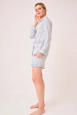 Lake Poplin Piped Shorts Set In Navy Ticking Stripe -Lake Shop LAKE Webcrop Fall23 Studio PoplinPipedShortsSet NavyBretonStripe 0042