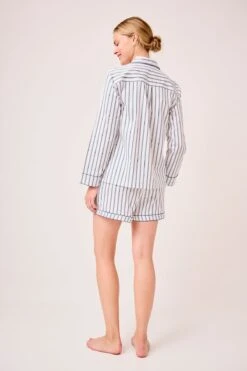 Lake Poplin Piped Shorts Set In Navy Ticking Stripe -Lake Shop LAKE Webcrop Fall23 Studio PoplinPipedShortsSet NavyBretonStripe 0105
