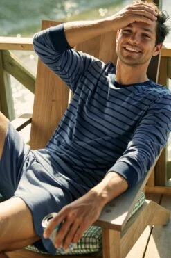 Lake Shop -Lake Shop LAKE Webcrop Summer23 MensLongSleeveShortsSet OceanBlueStripe 5388