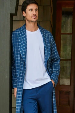 Lake Men's Flannel Robe In Navy Windowpane -Lake Shop LAKE Website WebCrop Holiday22 0071