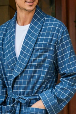 Lake Men's Flannel Robe In Navy Windowpane -Lake Shop LAKE Website WebCrop Holiday22 0134