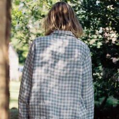 Warm Blue Gingham Linen Pajama Shirt (Top Only) -Lake Shop Piglet in Bed Gingham Linen Pyjama Shirt Warm Blue Lifestyle 2 1