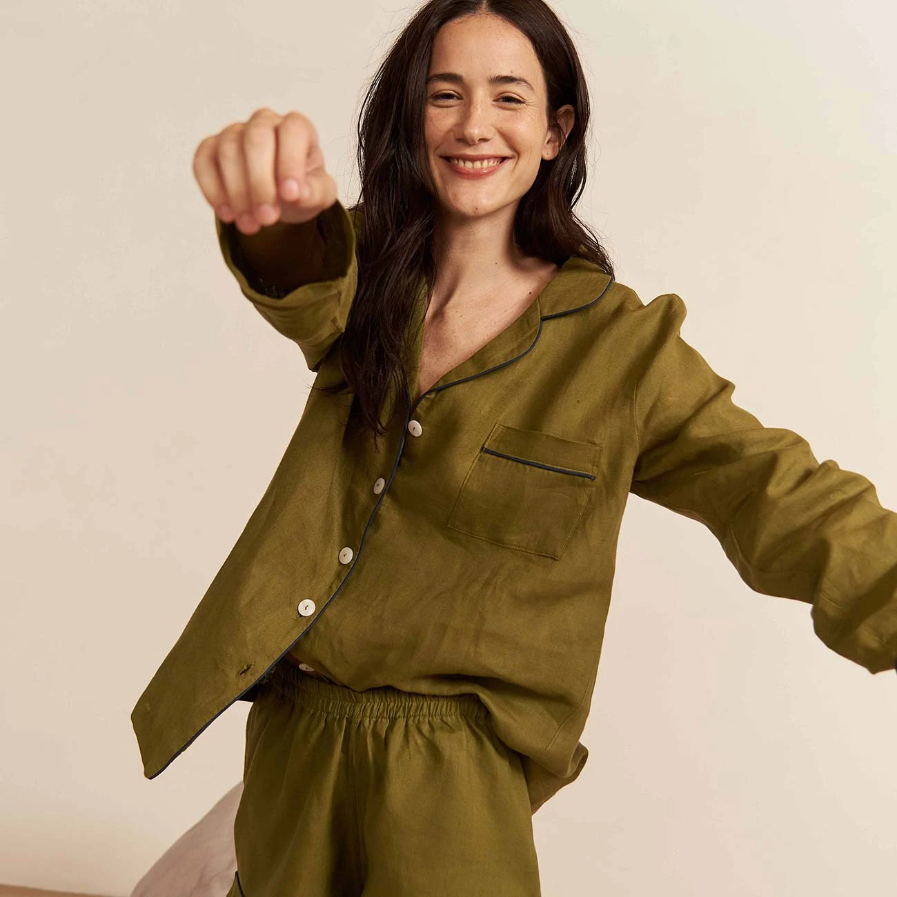 Moss Plain Linen Pajama Shorts Set 4 Moss Plain Linen Pajama Shorts Set - Image 2