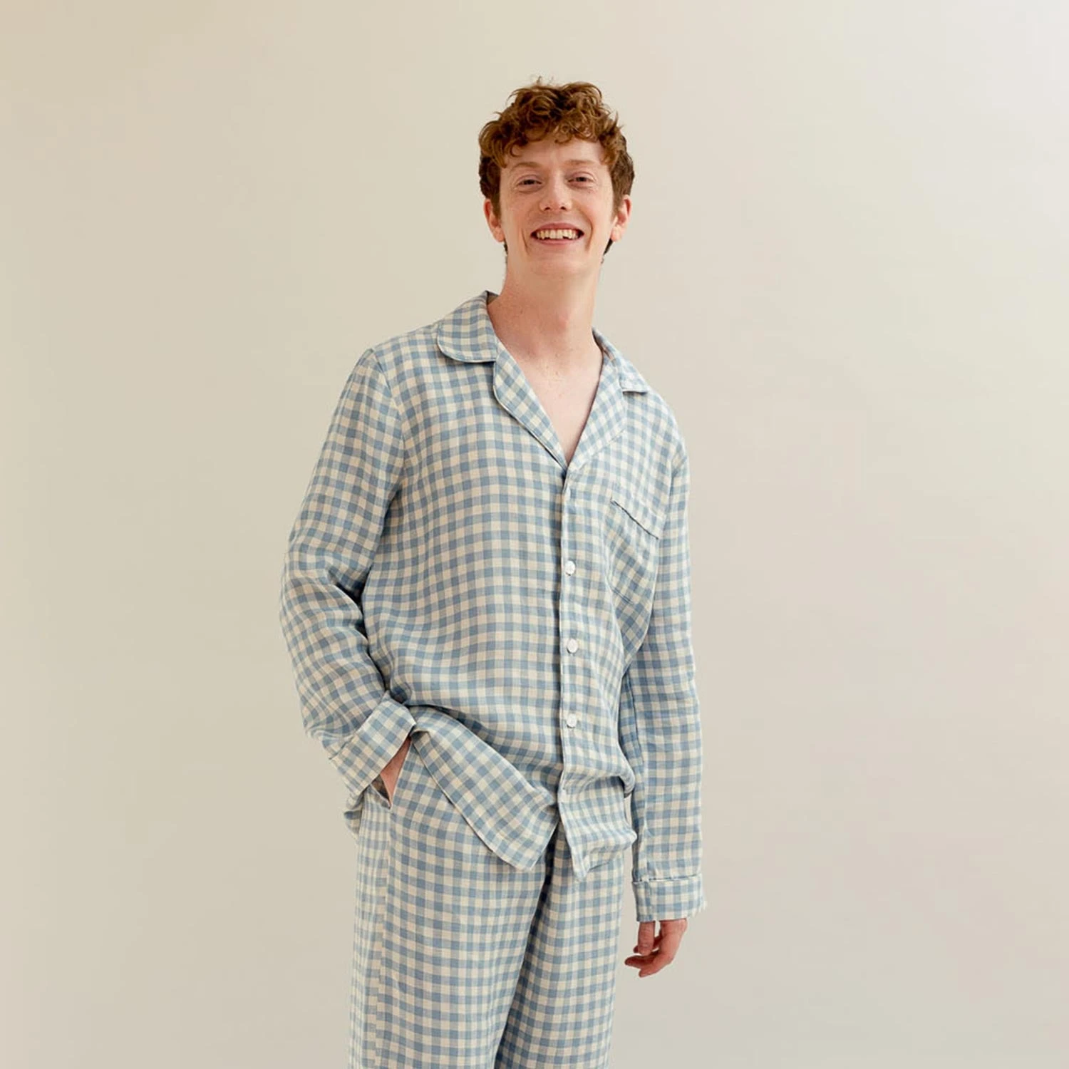 Men's Warm Blue Gingham Linen Pajama Shirt 3 Men's Warm Blue Gingham Linen Pajama Shirt
