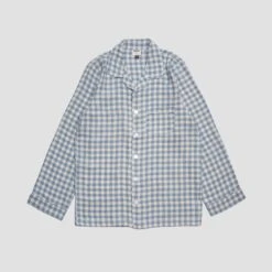 Men's Warm Blue Gingham Linen Pajama Shirt -Lake Shop PigletinBed GinghamPyjamas Shirt WarmBlue 1 greyBG