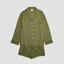 Moss Plain Linen Pajama Shorts Set 12 Moss Plain Linen Pajama Shorts Set -Lake Shop PigletinBed Women sLinenPyjamaShortsSet Moss 1 GreyBG