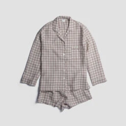 Mushroom Gingham Pajama Shorts Set -Lake Shop PigletinBed Women sLinenPyjamaShortsSet MushroomGingham 1 greyBG