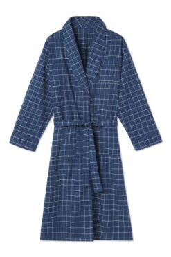 Lake Men's Flannel Robe In Navy Windowpane