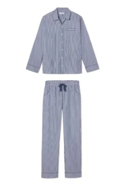 Lake Men's Poplin Pajama Set In Navy Stripe