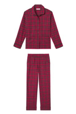 Lake Flannel Piped Pants Set In Red Tartan
